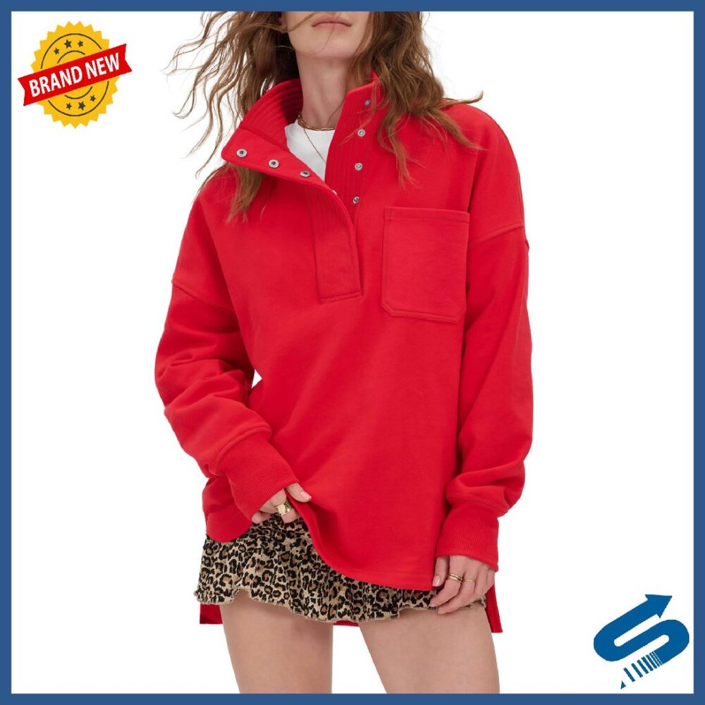Oversized Henley Sweatshirt - Soft Slouchy Pullover - Long Sleeve Button Top